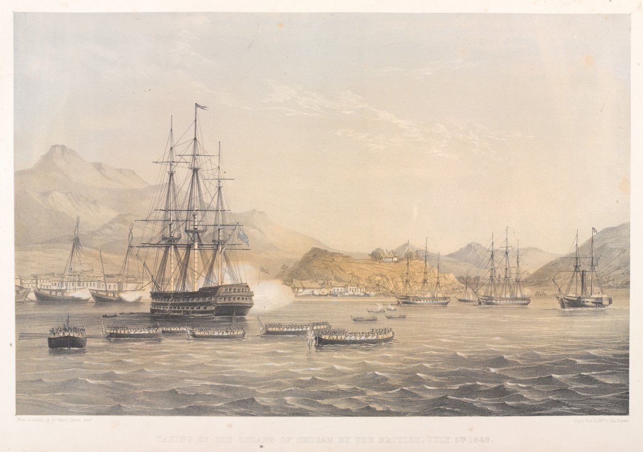 Inntakelsen av øya Chusan av britene, 5. juli 1840 (farget litografi) av Harry Francis Darell