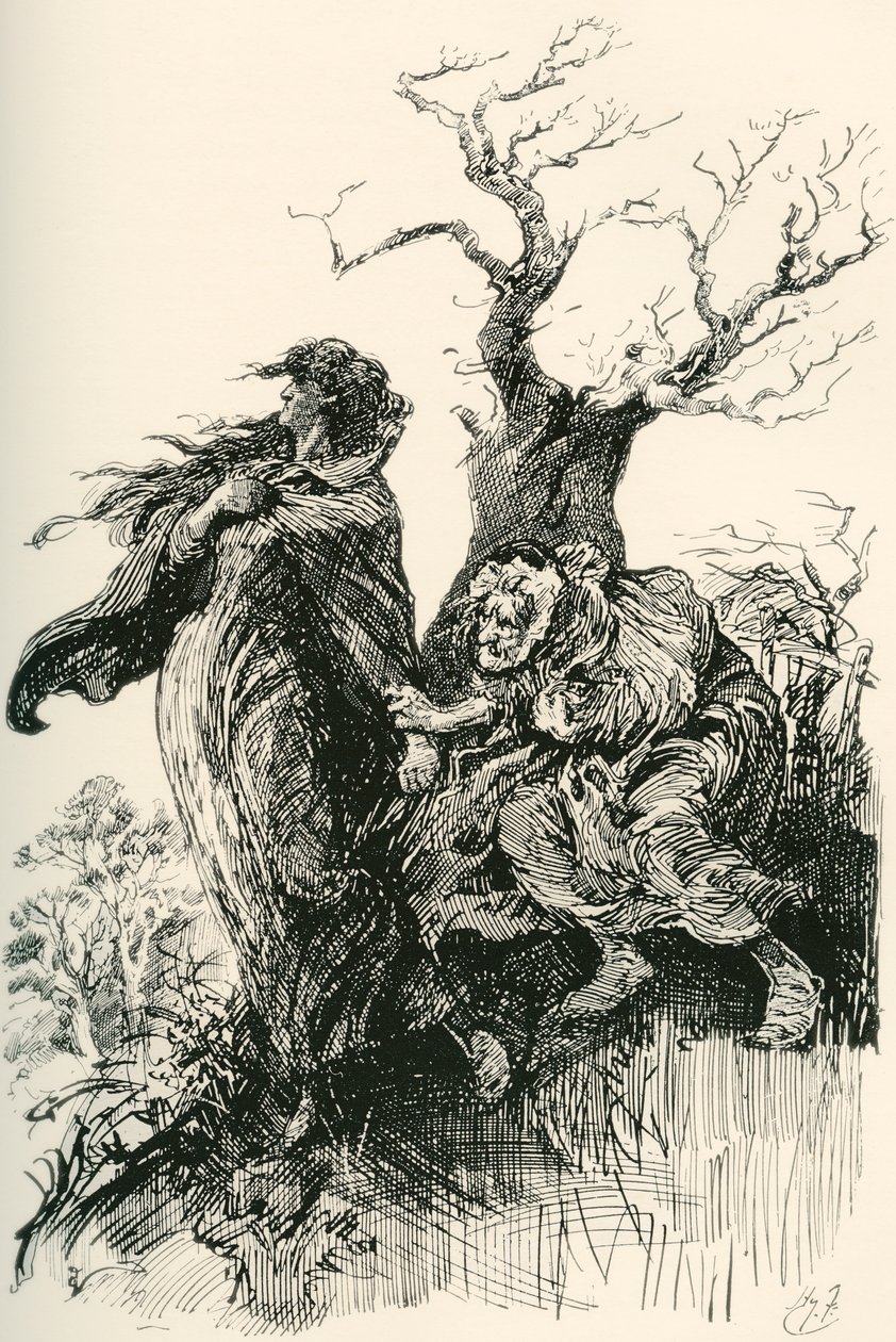 Alice Brown og hennes mor. "Etter et kvarters gange våget den gamle kvinnen, utmattet og andpusten, å holde seg i skjørtene, men hun våget seg ikke mer, og de reiste i stillhet gjennom vått og mørke." Illustrasjon av Harry Furni av Harry Furniss