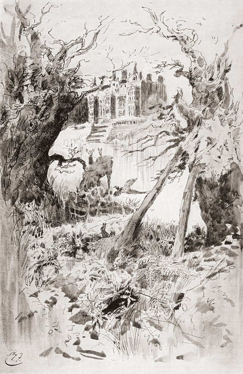 Dystert hus. Illustrasjon av Harry Furniss for Charles Dickens-romanen Bleak House, fra The Testimonial Edition, utgitt 1910. av Harry Furniss