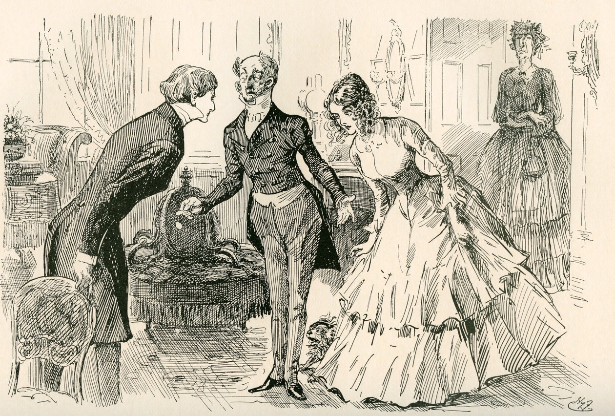 David møter Dora og Miss Murdstone. "Mr. Copperfield, min datter Dora, og min datter Doras fortrolige venn, Miss Murdstone!". Illustrasjon av Harry Furniss for Charles Dickens-romanen David Copperfield, fra The Testimonial Edition, utgitt 19. av Harry Furniss