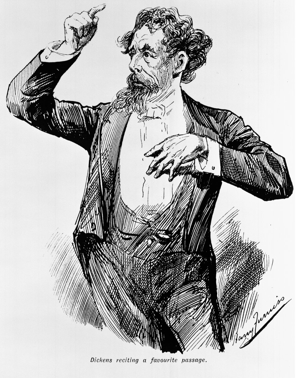 Dickens resiterer sin favorittpassasje, 1900-tallet av Harry Furniss