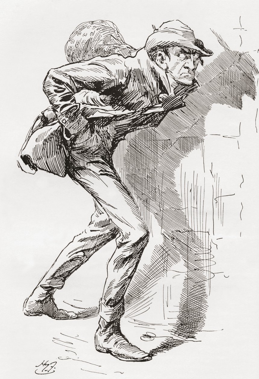 Dolge Orlick. Illustrasjon av Harry Furniss for Charles Dickens-romanen Great Expectations, fra The Testimonial Edition utgitt 1910. av Harry Furniss