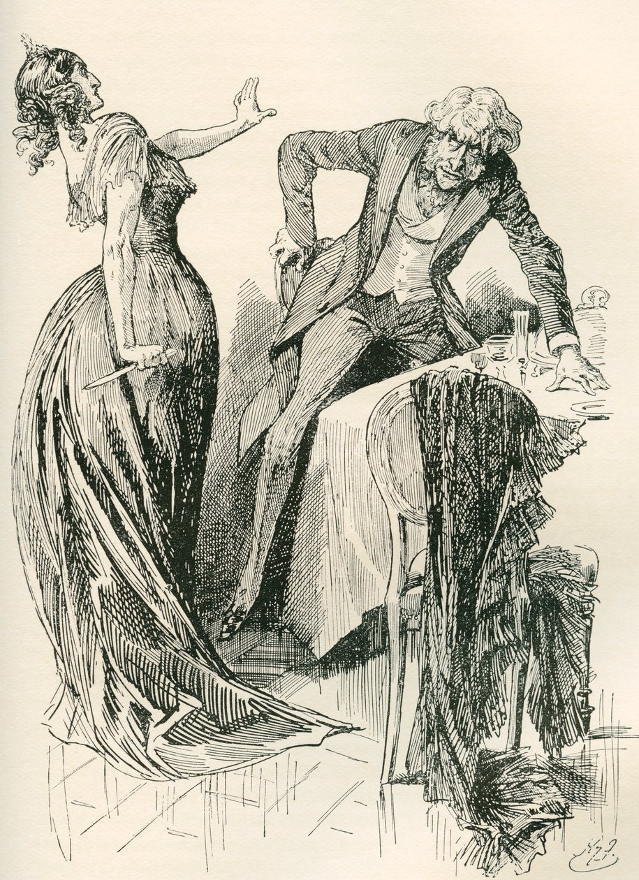 Edith og Mr. Carker. "Han kom muntert mot henne, da hun på et øyeblikk tok kniven opp fra bordet og begynte et skritt tilbake. "Stå stille," sa hun, "eller jeg skal myrde deg!" Illustrasjon av Harry Furniss for Charles Dickens-romanen av Harry Furniss