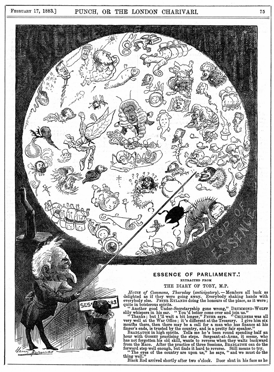Essence of Parliament: Tegneserie som markerer åpningen av parlamentets første sesjon for 1883 (tregravering) av Harry Furniss
