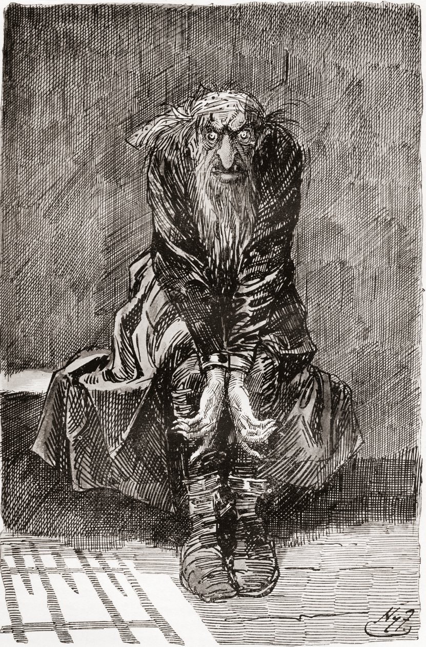 Fagin i den fordømte cellen. "Han satte seg ned på en steinbenk overfor døren, som tjente som et sete og seng, og kastet sine blodskutte øyne på bakken og prøvde å samle tankene sine." Illustrasjon av Harry Furniss for Charles Dickens-romanen av Harry Furniss