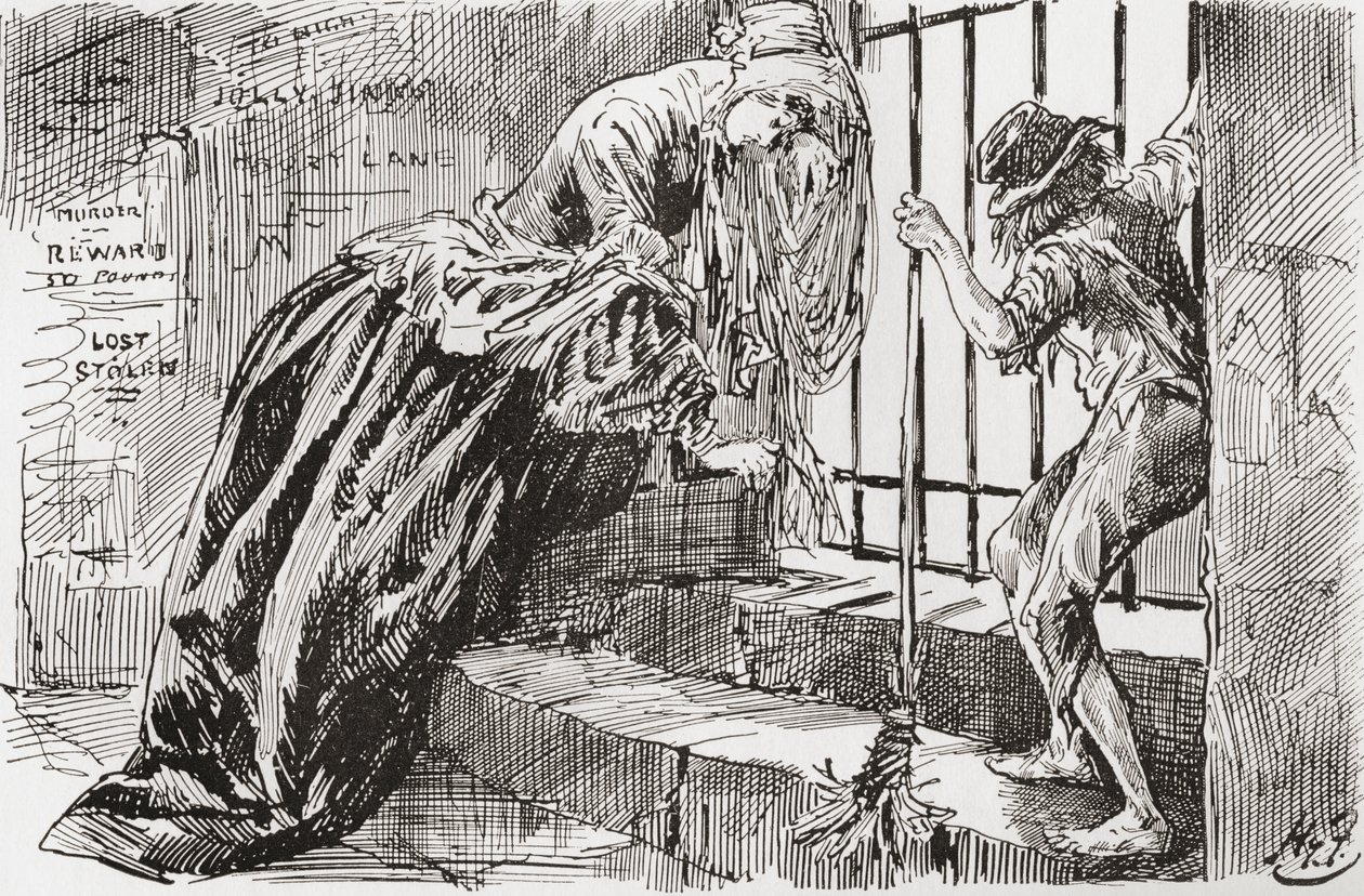 Lady Dedlock og Jo. «Han ble satt der,» sier Jo, holder seg til barene og ser inn, mens Lady Dedlock krymper inn i et hjørne. Illustrasjon av Harry Furniss for Charles Dickens-romanen Bleak House, fra The Testimonial Edition, utgitt 1910. av Harry Furniss