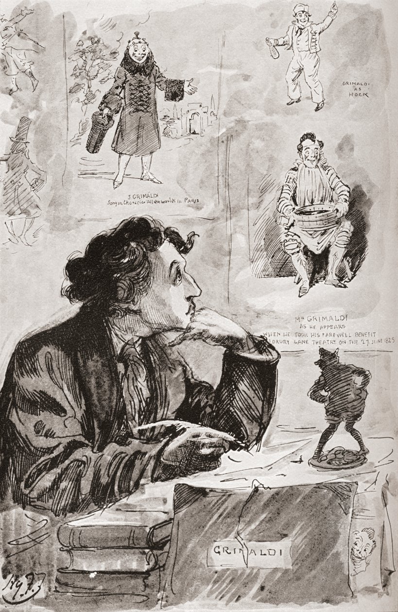 Minner om Grimaldi. Illustrasjon av Harry Furniss for Charles Dickens-romanen Memoirs of Joseph Grimaldi, fra The Testimonial Edition utgitt 1910. av Harry Furniss