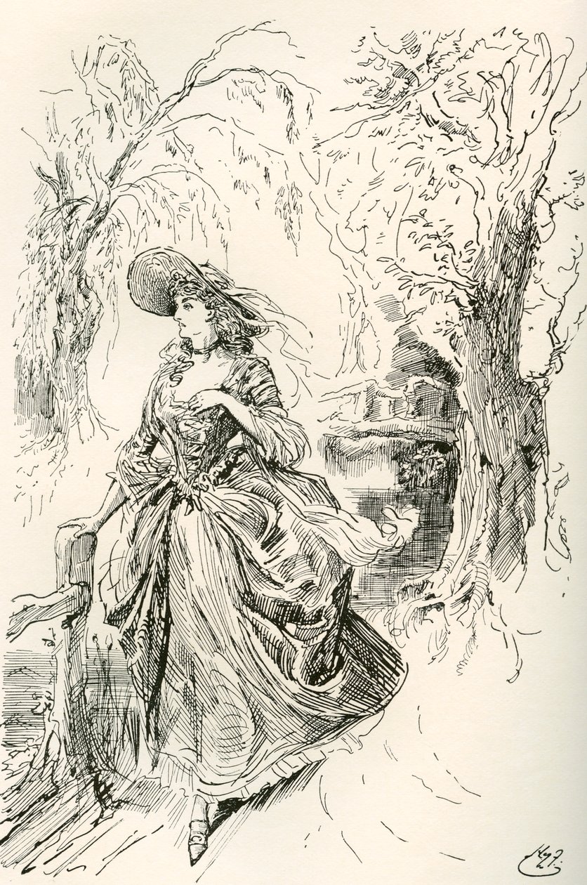 Frøken Haredale. Illustrasjon av Harry Furniss for Charles Dickens-romanen Barnaby Rudge, fra The Testimonial Edition, utgitt 1910. av Harry Furniss