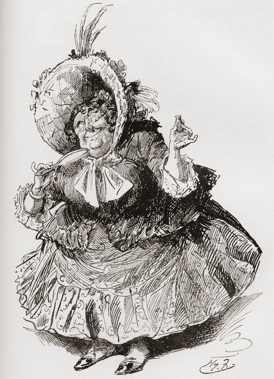 Frøken Mowcher. Illustrasjon av Harry Furniss for Charles Dickens-romanen David Copperfield, fra The Testimonial Edition, utgitt 1910. av Harry Furniss