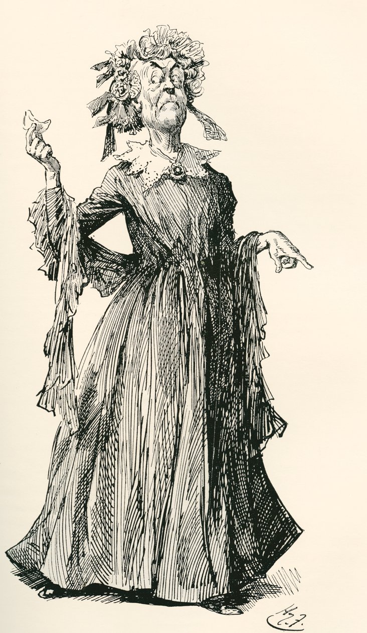 Mr. F.s tante. Illustrasjon av Harry Furniss for Charles Dickens-romanen Little Dorrit, fra The Testimonial Edition, utgitt 1910. av Harry Furniss