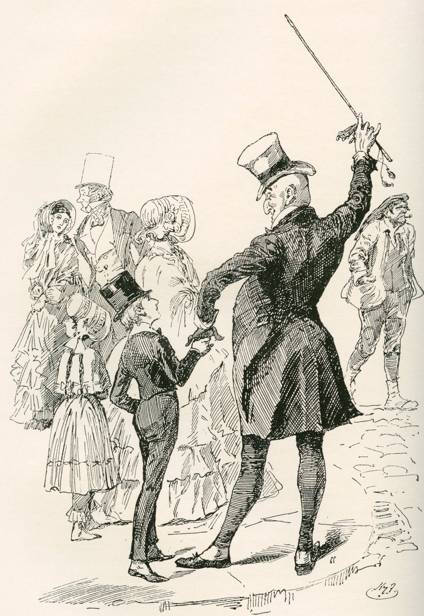 Mr. Micawber tar David hjem. "Vi gikk til huset vårt sammen, Mr. Micawber imponerte navnene på gatene og formene på hjørnehusene på meg mens vi gikk." Illustrasjon av Harry Furniss for Charles Dickens-romanen David Copperfield, fra av Harry Furniss