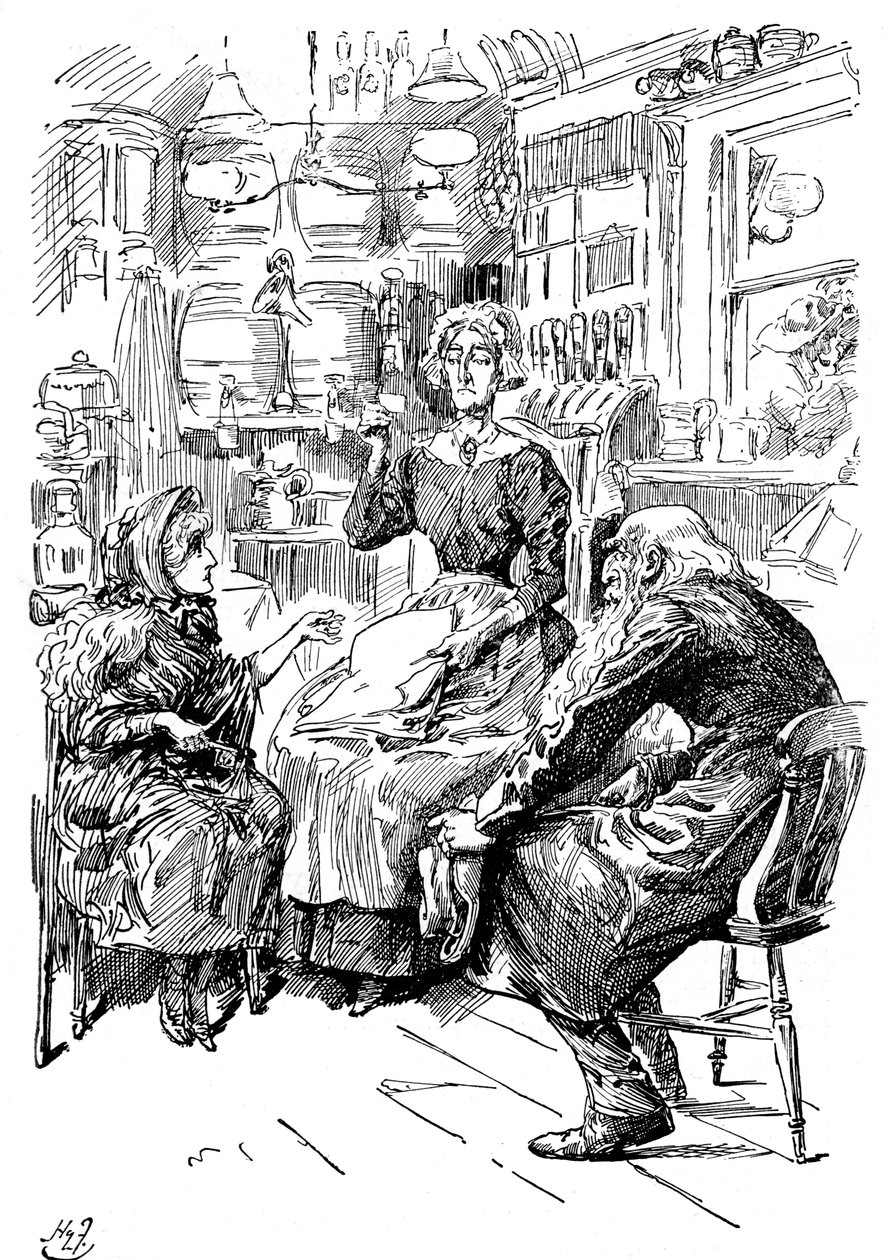 Mr Riah og Miss Wren ved Six Jolly Fellowship Porters, 1912 av Harry Furniss
