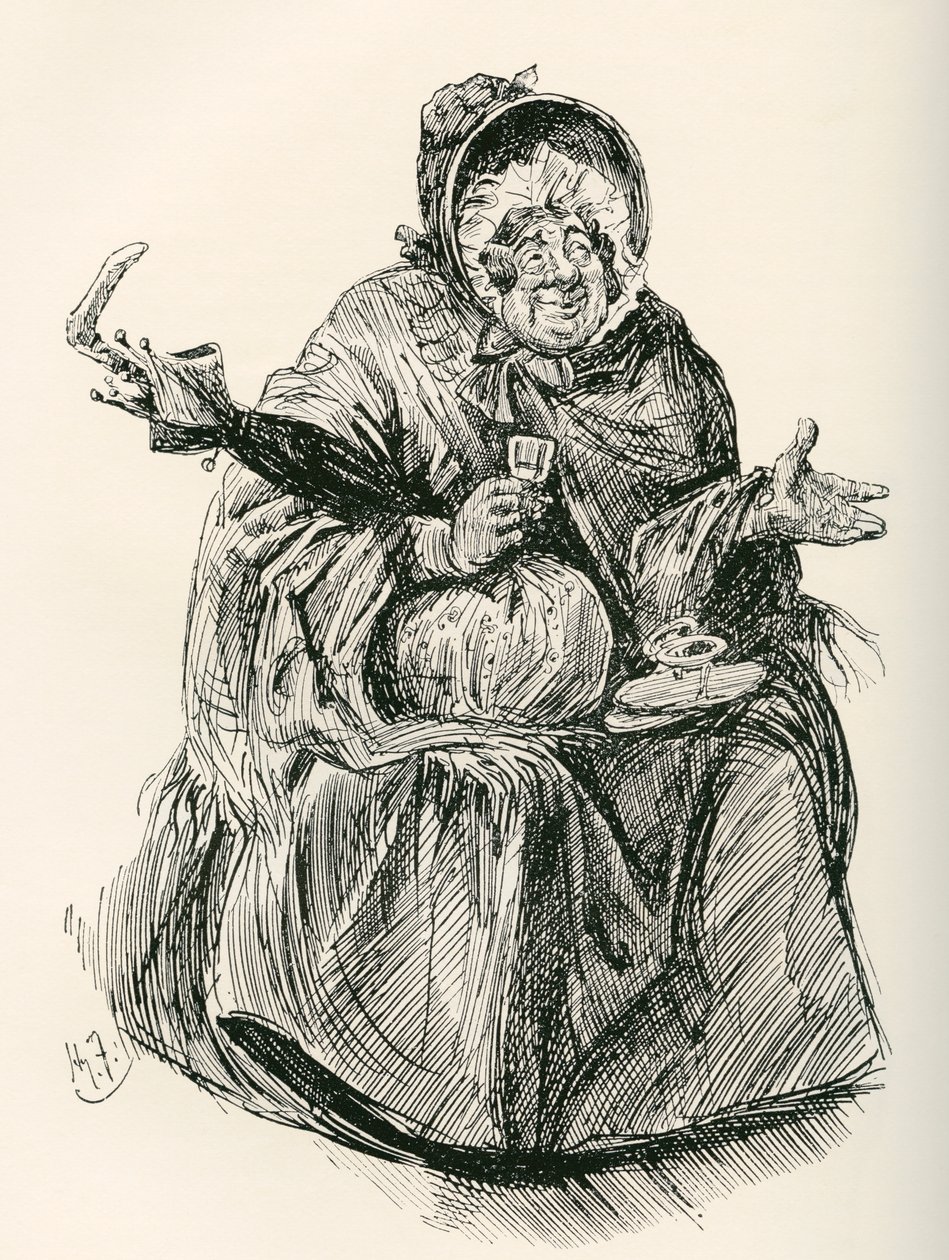 Fru Gamp. Illustrasjon av Harry Furniss for Charles Dickens-romanen Martin Chuzzlewit, fra The Testimonial Edition, utgitt 1910. av Harry Furniss