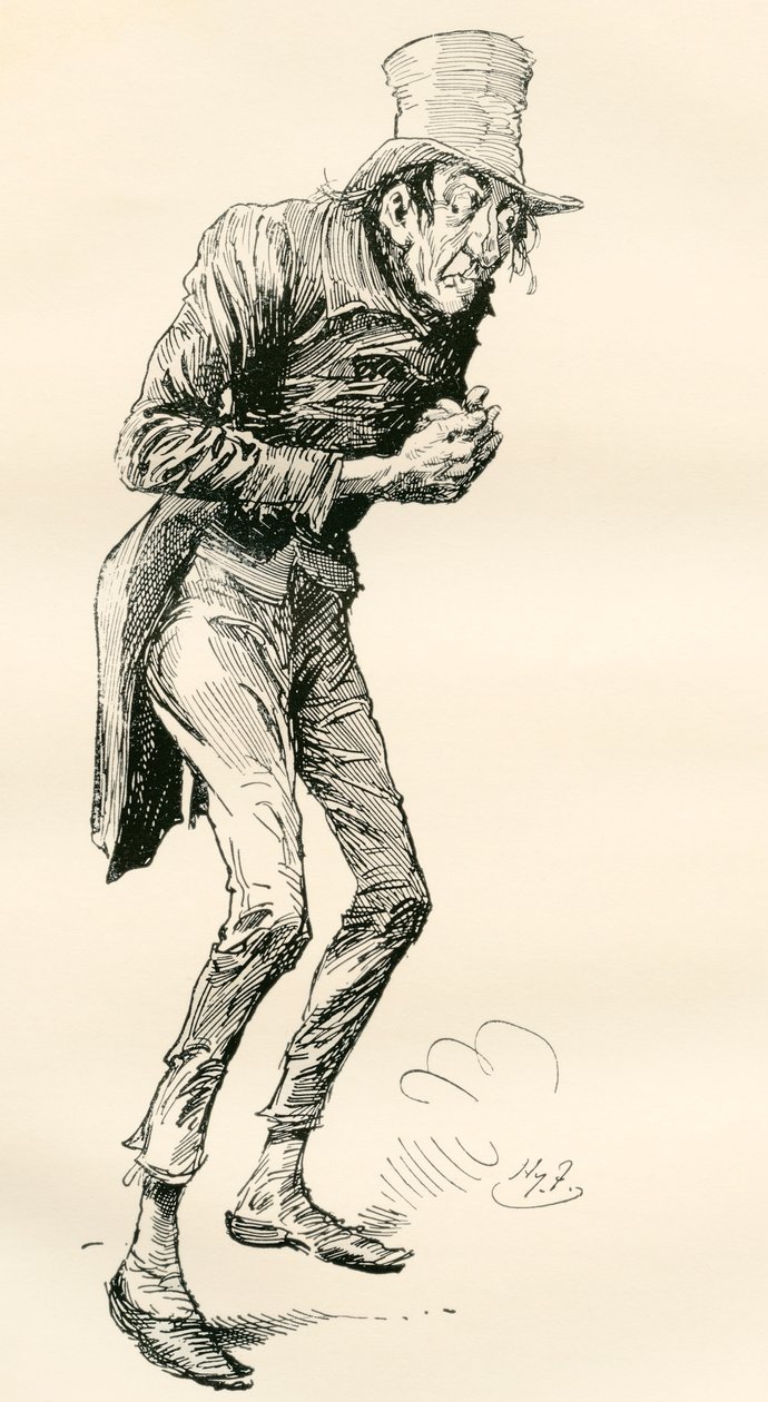 Newman Noggs. Illustrasjon av Harry Furniss for Charles Dickens-romanen Nicholas Nickleby, fra The Testimonial Edition, utgitt 1910. av Harry Furniss