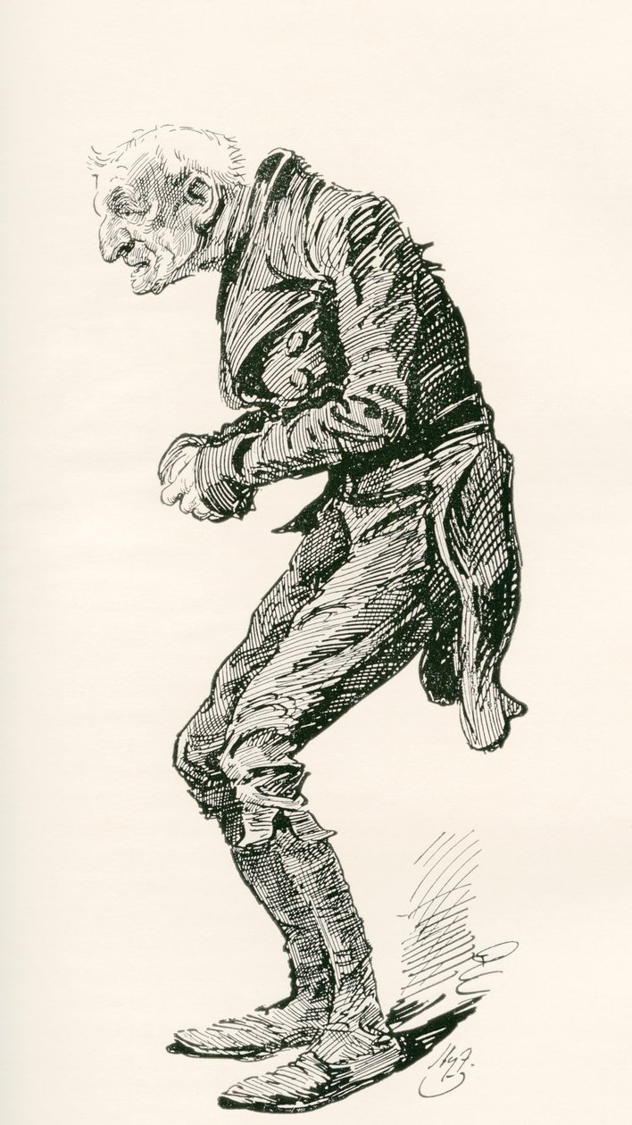 Gamle Chuffey. Illustrasjon av Harry Furniss for Charles Dickens-romanen Martin Chuzzlewit, fra The Testimonial Edition, utgitt 1910. av Harry Furniss
