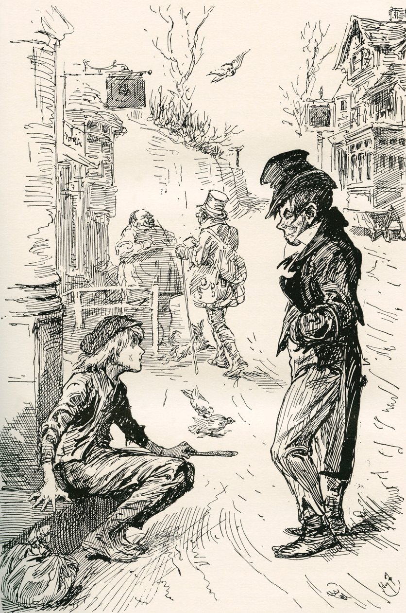 Oliver faller inn med The Artful Dodger. "Hei, min kjæreste, hva er raden?" sa denne merkelige unge mannen til Oliver. "Jeg er veldig sulten og trøtt," svarte Oliver; tårene sto i øynene hans mens han snakket. "Jeg har gått en lang vei. Jeg har gått av Harry Furniss