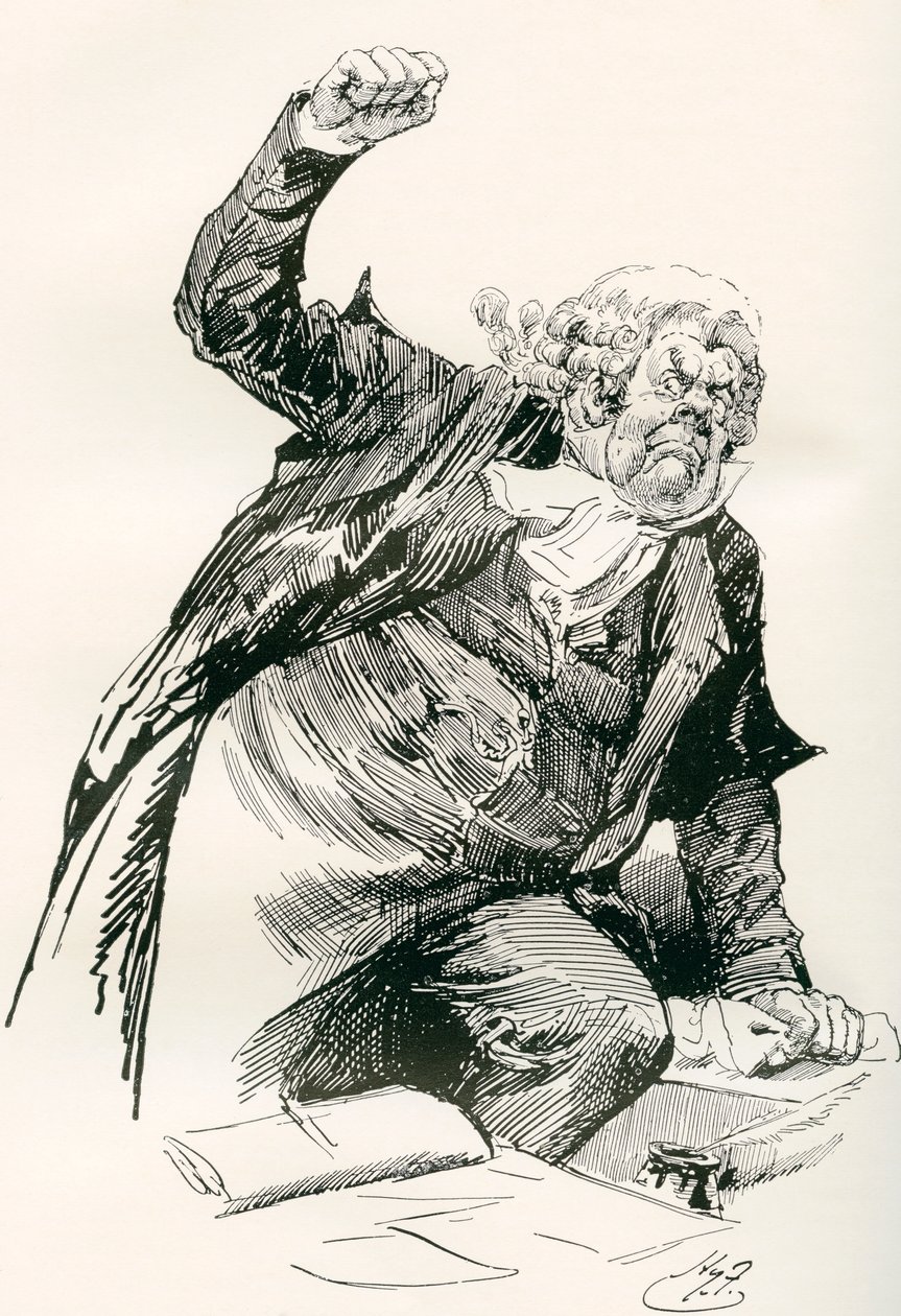 Sersjant Buzfuz. Illustrasjon av Harry Furniss for Charles Dickens-romanen The Pickwick Papers, fra The Testimonial Edition, utgitt 1910. av Harry Furniss