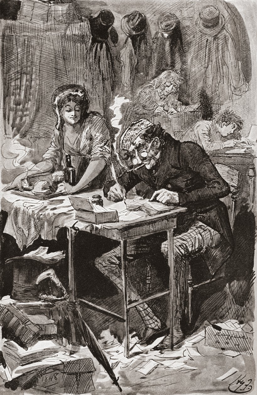 Tiggerbrevskriveren. Illustrasjon av Harry Furniss for Charles Dickens-romanen Great Expectations, fra The Testimonial Edition utgitt 1910. av Harry Furniss