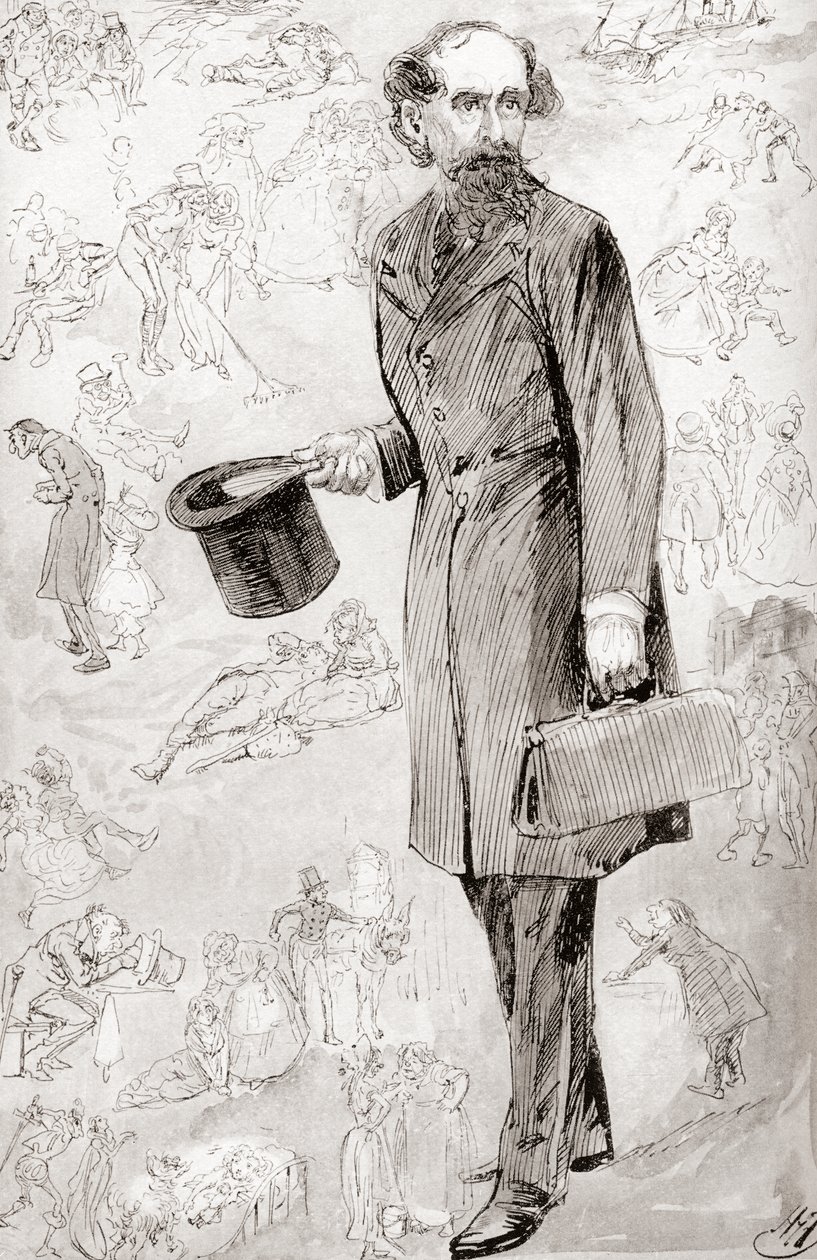 Den ukommersielle reisende. Illustrasjon av Harry Furniss for novellen The Uncommercial Traveler fra The Christmas Books av Charles Dickens, utgitt i The Testimonial Edition av 1910. av Harry Furniss