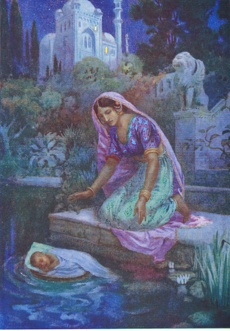 Kunti turte ikke å være ulydig. Fra de eventyrlystne brødrene, illustrasjon fra «Childrens Stories from Indian Legends», ca. 1930-tallet (fargelitografi) av Harry George Theaker