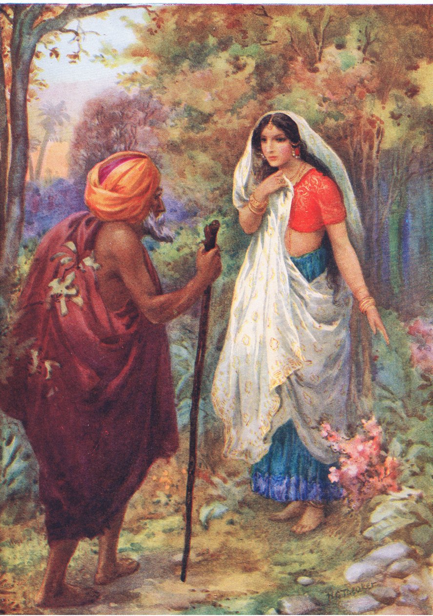 quot;Måtte jeg hvile en stund på dette hyggelige stedetquot; Fra Rama og Sitas eventyr, illustrasjon fra «Childrens Stories from Indian Legends», ca. 1930-tallet (fargelitografi) av Harry George Theaker
