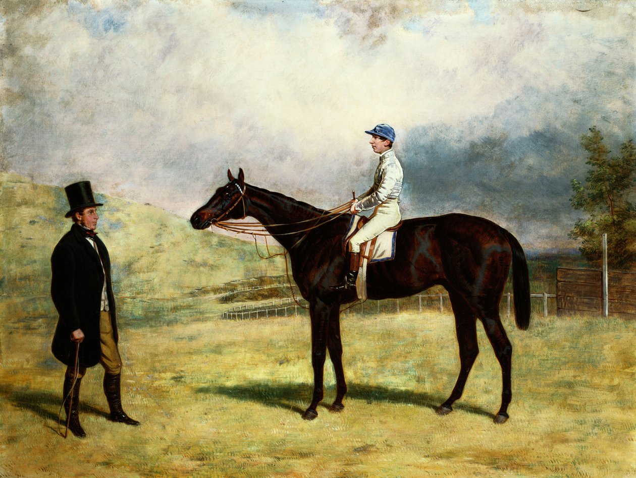 A Gentleman by his Racehorse with Jockey Up on a Racecourse, 1863 av Harry Hall