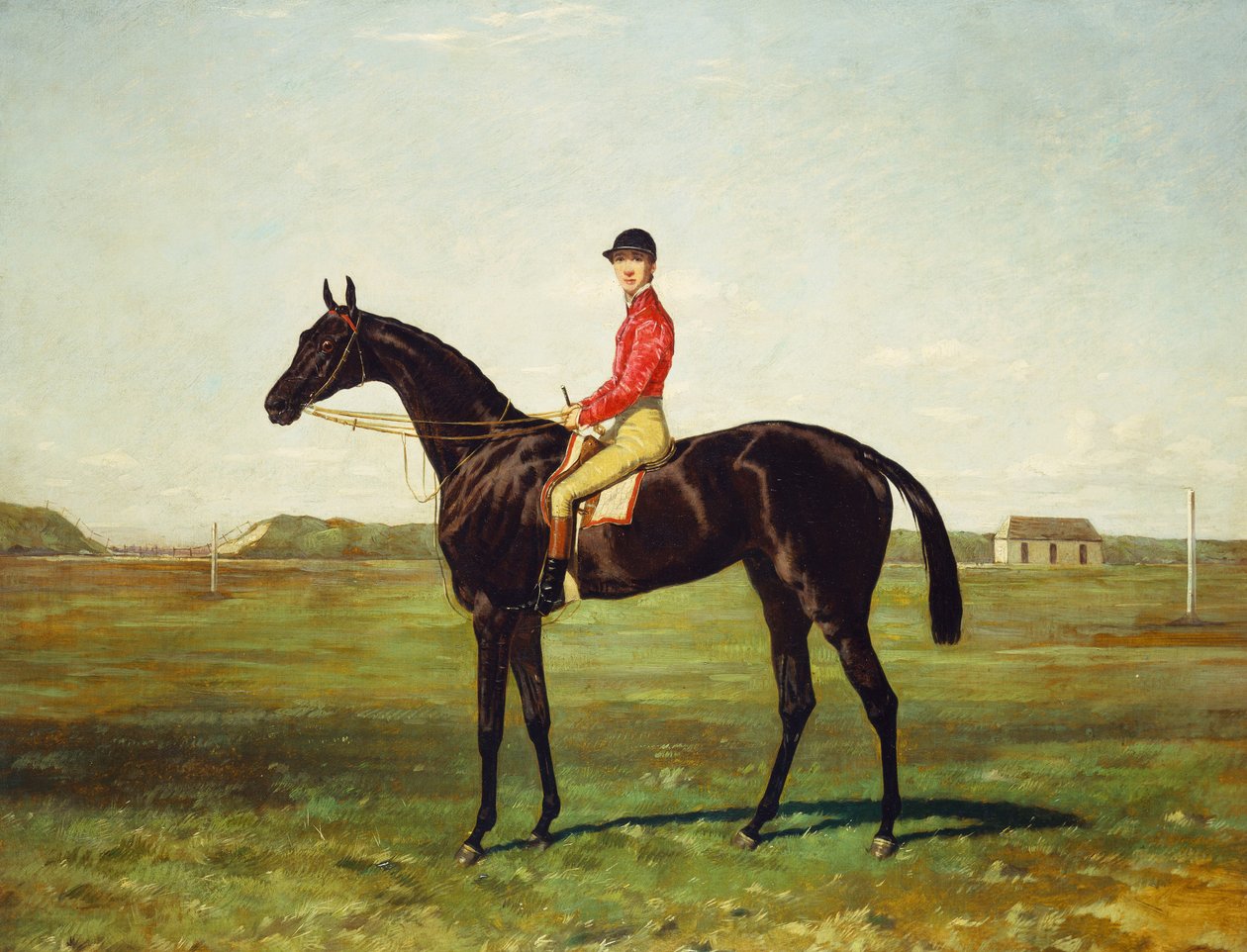 En veddeløpshest med jockey oppe på veddeløpsbanen på Newmarket av Harry Hall