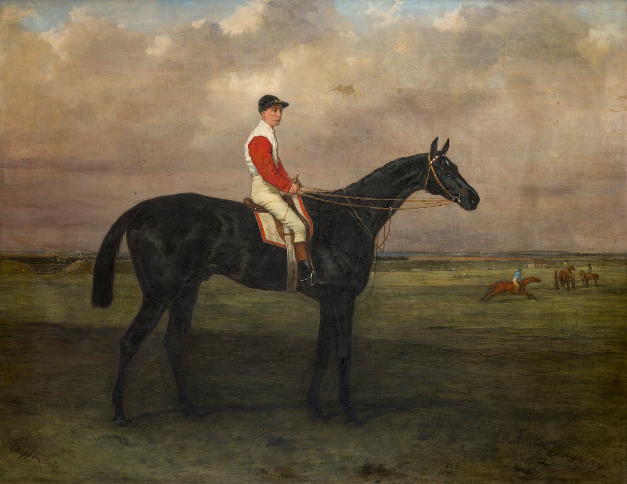 Chippendale-En veddeløpshest med jockey oppe på Newmarket Racecourse, ca. 1874 (olje på lerret) av Harry Hall