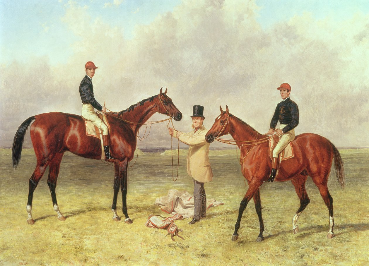 L til R Lord Lyon, vinner av Derby, St. Leger og 2000 guineas; Elland, vinner av Ascot Gold Vase, eid av Sir R. Sutton, trent av James Dover, 1866 av Harry Hall