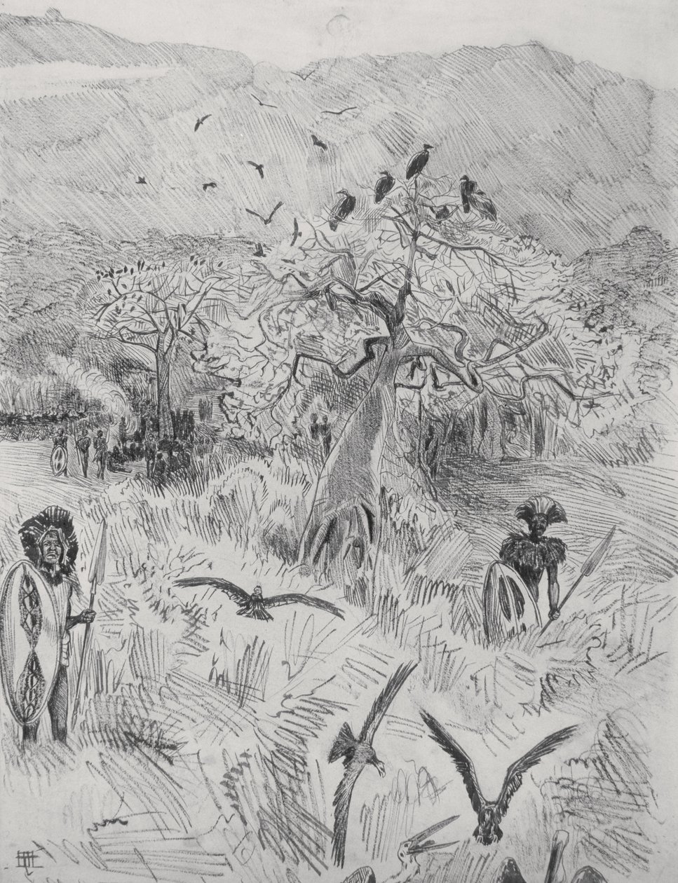 Masai Camp, ca. 1884 (penn på papir) av Harry Hamilton Johnston