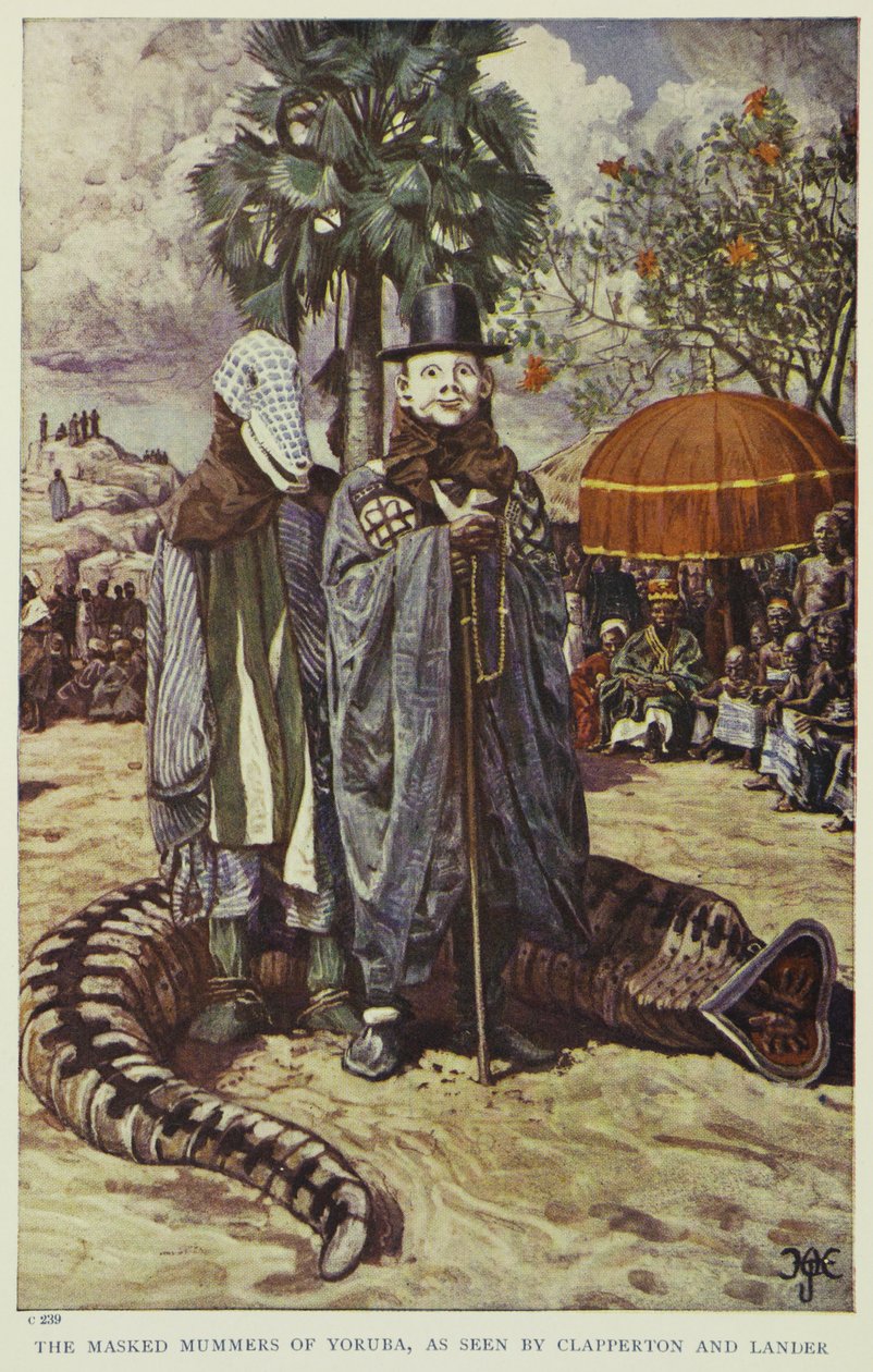 De maskerte mummerne av Yoruba, sett av Clapperton og Lander, illustrasjon fra "Pioneers of West Africa", 1912 av Harry Hamilton Johnston