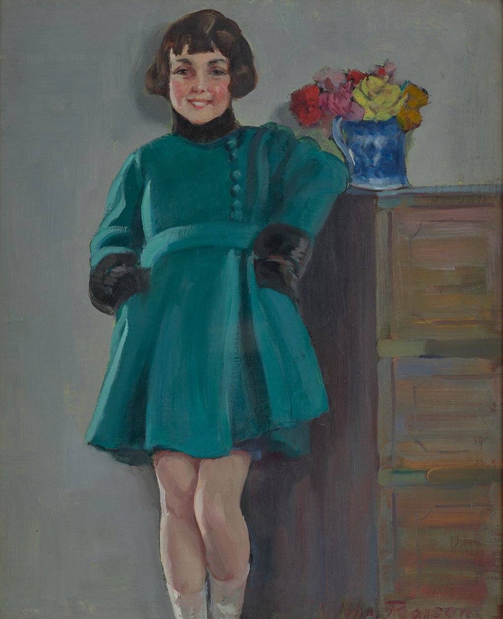 Smilende jente (olje på panel) av Harry J. Pearson