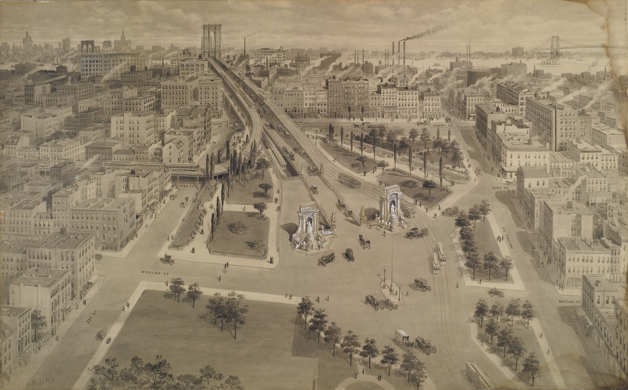Brooklyn Plaza på Manhattan Bridge, ca. 1917 (India blekk og vask berørt med ugjennomsiktig hvit) av Harry M. Pettit