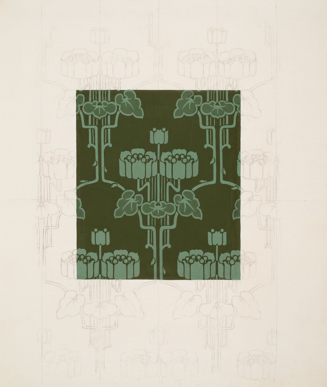 Design med blomster og blader (svart kritt og gouache på papir) av Harry Napper