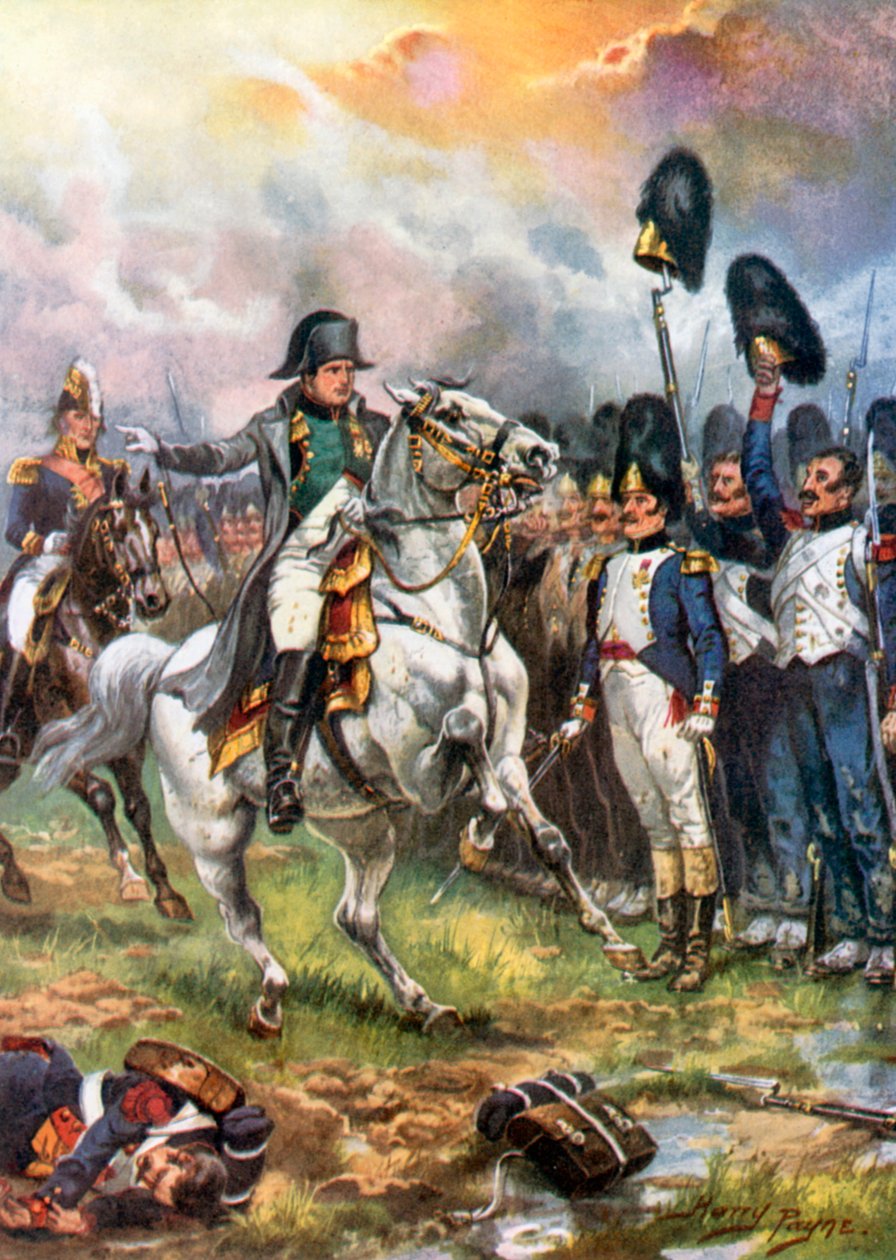 Napoleon og den keiserlige garde. Slaget ved Waterloo (fargelitografi) av Harry Payne