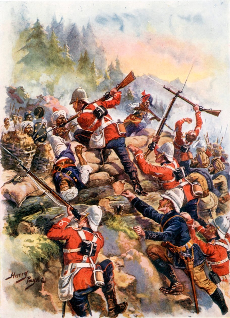 Storming the Heights. Peiwar Kotal (fargelitografi) av Harry Payne