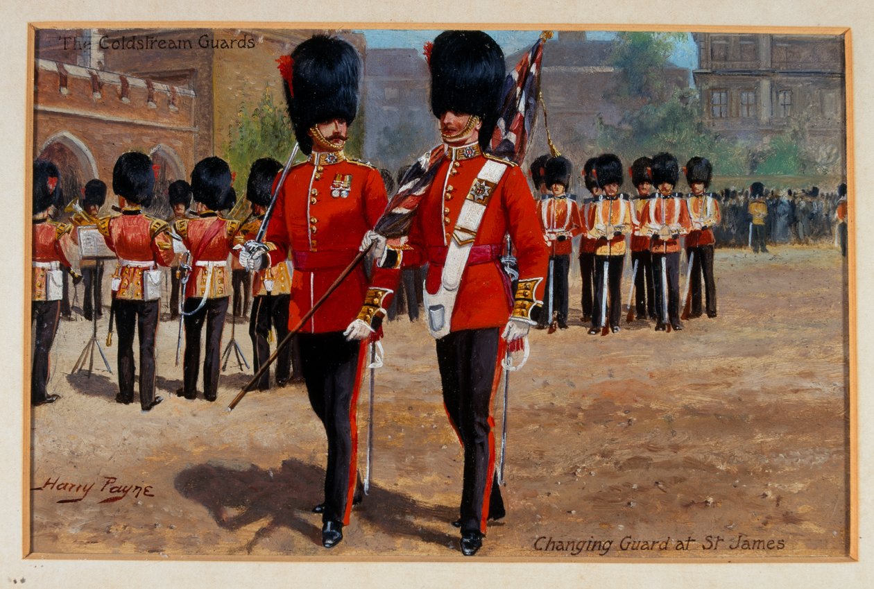 The Coldstream Guards Changing Guard at St James, 1905 ca av Harry Payne