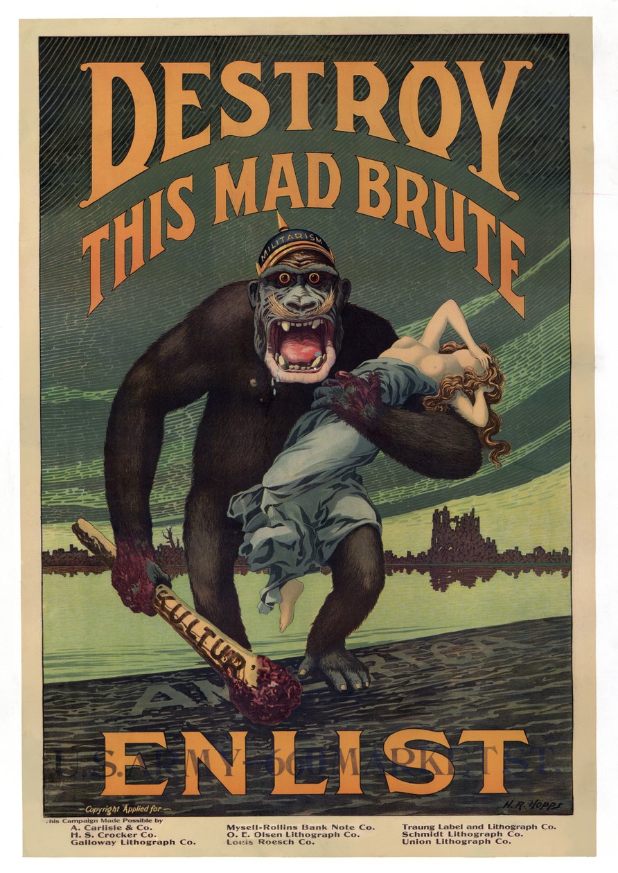 Rekrutteringskampanje "Destroy this Mad Brute - Enlist", pub. 1917 av Harry R. Hopps