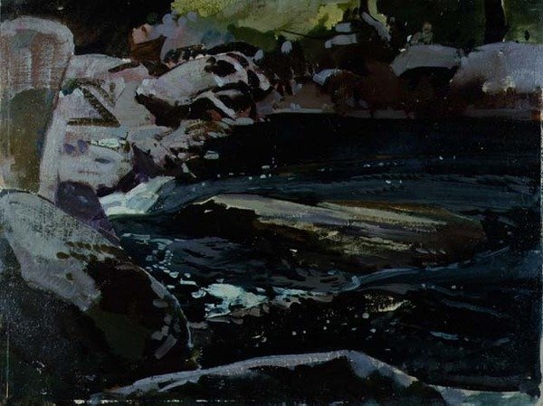 Flowing River (olje på lerretstavle) av Harry Watson