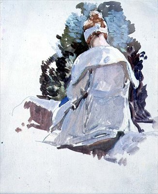 Kvinne i en hvit kjole sitter på steiner (olje på papir) av Harry Watson