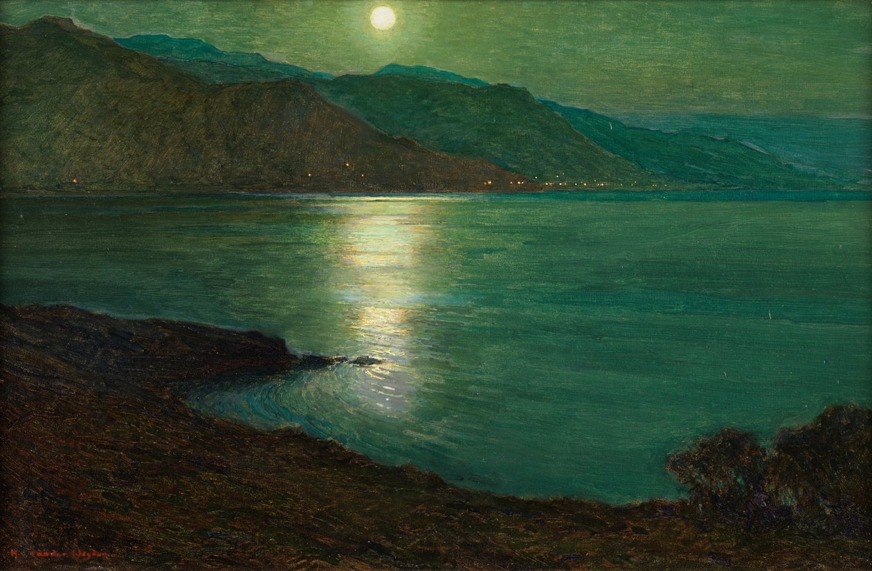 Moonlight - The Lights of Ventimiglia (olje på lerret lagt om bord) av Harry van der Weyden