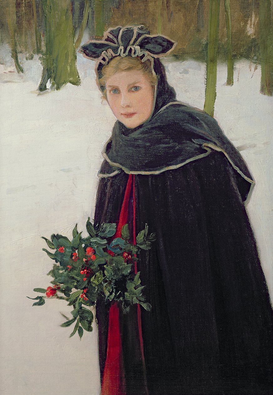 Vinter - Portrett av en jente i et vinterlandskap av Harry van der Weyden