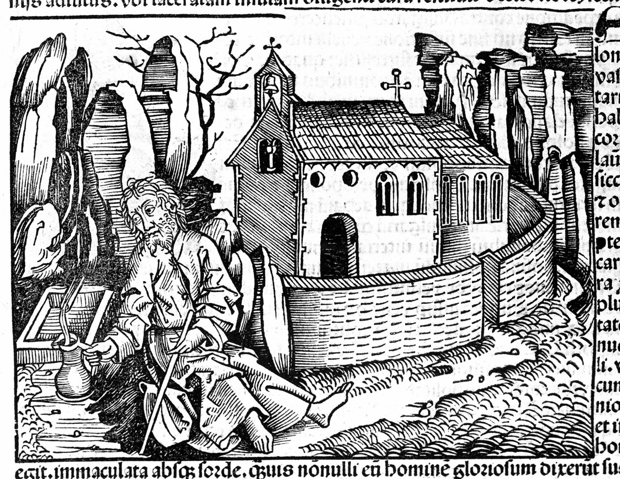En pilegrim stopper i et kloster under sin reise etter Hartmann Schedels «Nürnbergkrønike» av Hartmann Schedel