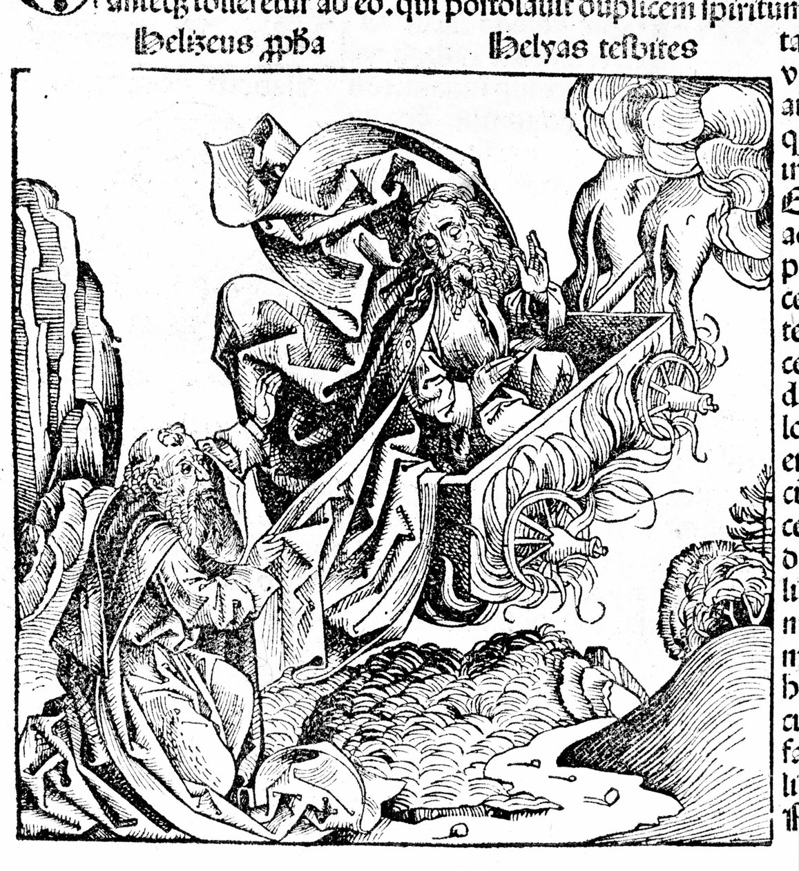 Elia reiser seg i en ildvogn og overlater eiendommen sin til Elisee. Hartmann Schedel: Chronicle of Nürnberg. Nürnberg 1497 av Hartmann Schedel