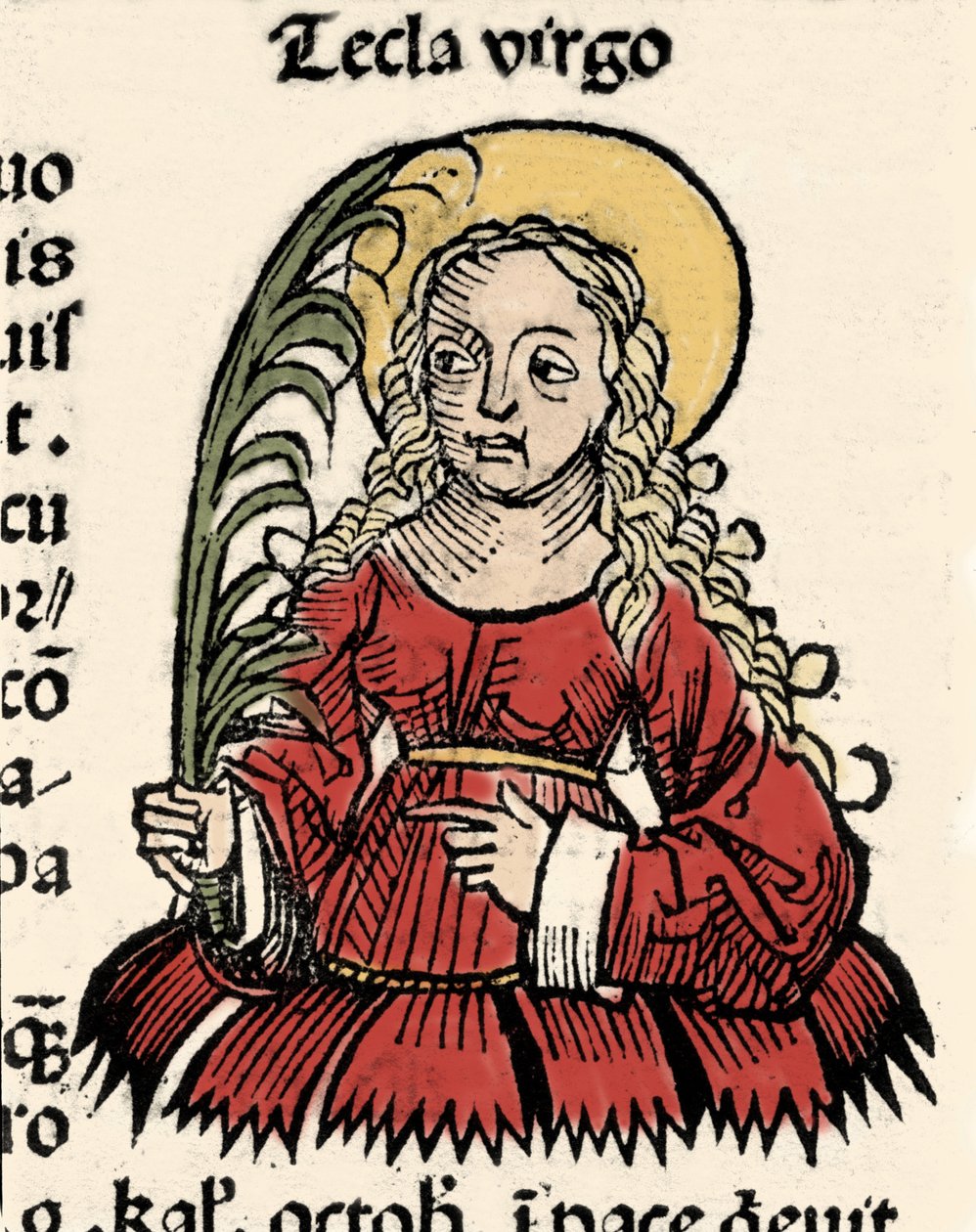 Representasjon av jomfruen og martyrdommen Thecle of Iconium (Santa Tecla) Xylography of "" Chronicles of Nuremberg""" av Hartmann Schedel av Hartmann Schedel