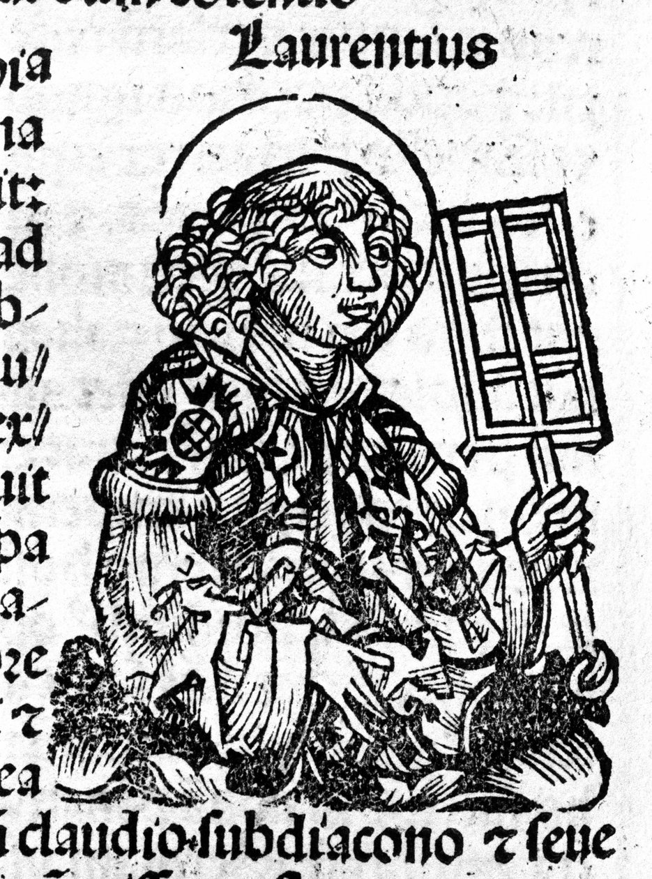Saint Laurent holder grillen i hånden, et instrument for hans martyrium. Gravering fra «Liber Chronicarum av Hartmann Schedel» av Hartmann Schedel