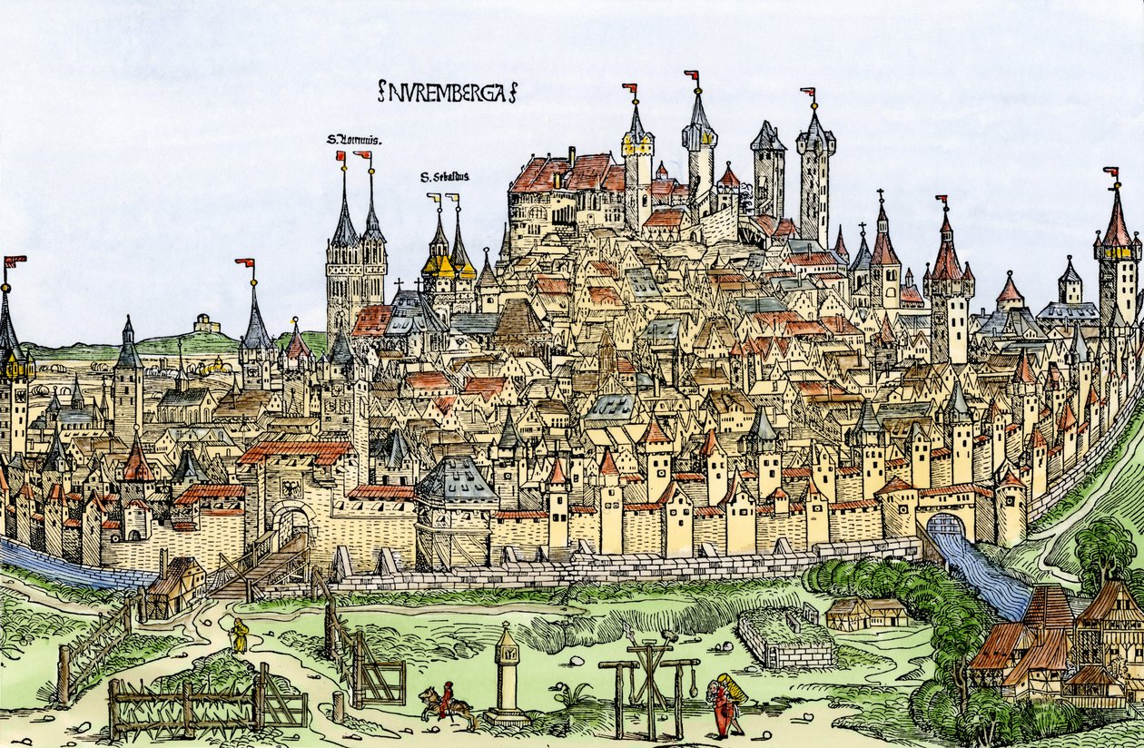 Utsikt over byen Nürnberg, Tyskland av Hartmann Schedel