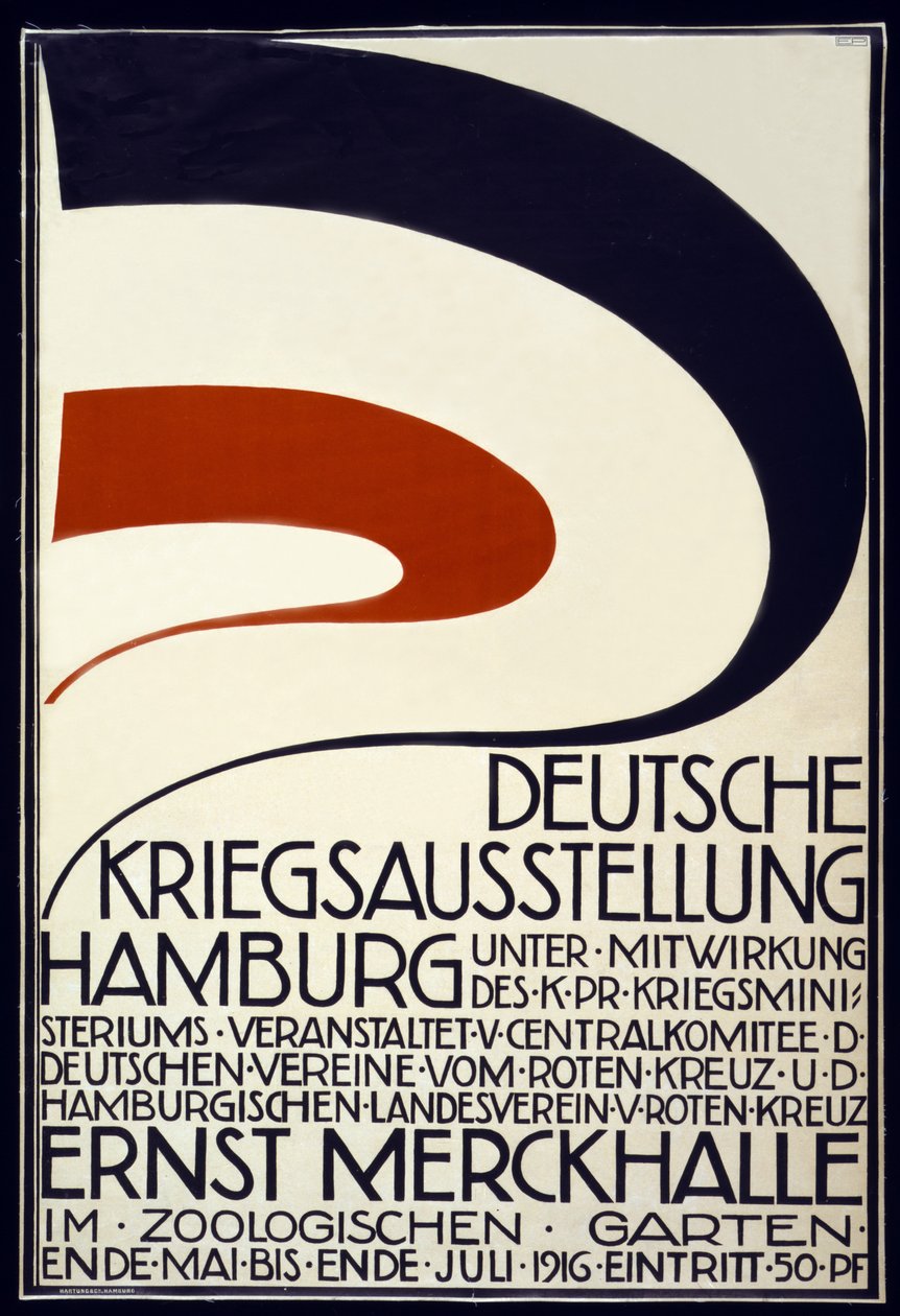 Plakat som reklamerer for en krigsutstilling sponset av Røde Kors Deutsche Kriegsausstellung, Hamburg mai – juli 1916, 1916 av Hartung and Co.