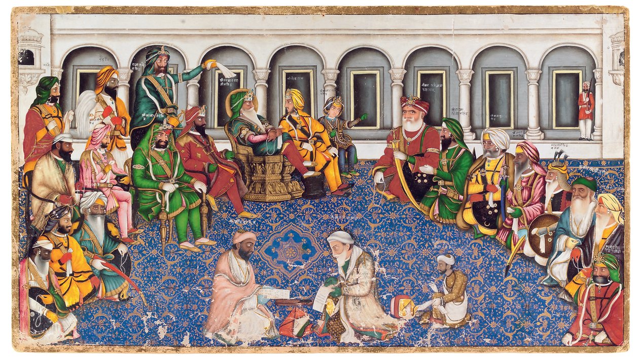 The Darbar of Maharaja Ranjit Singh, ca. 1850 (ugjennomsiktig wc og gull på papir) av Hasan al Din
