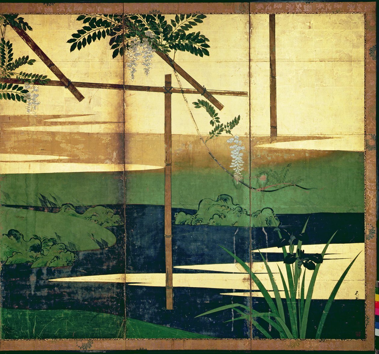 Wisteria i blomst (penn og blekk, farge, gullpapir på panel) (se 216563) av Hasegawa Soen